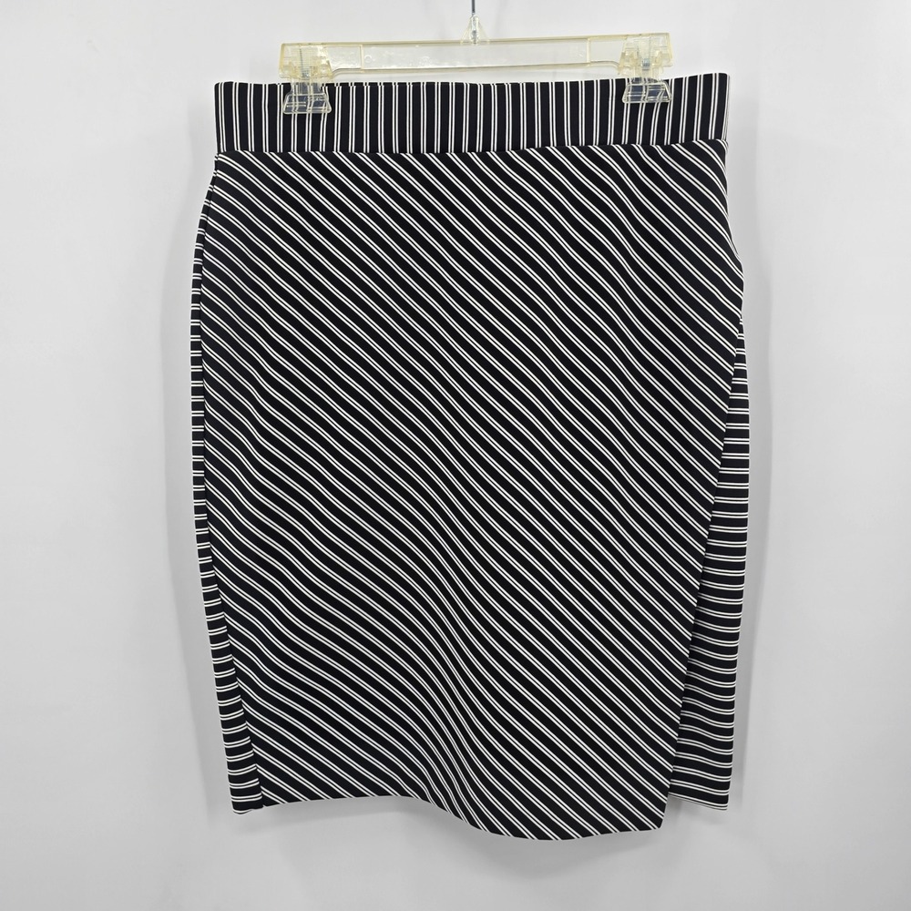 Roz & Ali Skirt Womens Medium Black White Striped Faux Wrap Pencil Stretch‎